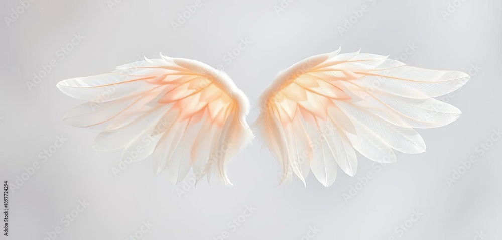 Fototapeta premium Delicate, translucent, miniature angel wings; feathers softly curled, pattern, innocent