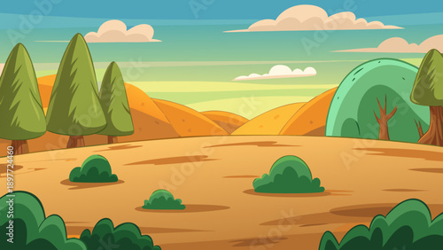 A vibrant cartoon illustration of a summer sunset over a desert landscape featuring sand dunes, green trees, and majestic mountains under a cloudy sky