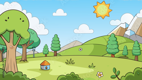 A vibrant cartoon summer landscape featuring rolling green hills and a flowery meadow under a bright sunny sky with fluffy white clouds and a lush forest of trees
