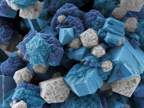 Blue and gray crystal-like structures are clustered densely, exhibiting a variety of geometric shapes and textures. The image offers a striking view of overlapping angular formations