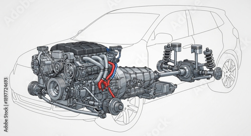 Detailed illustration of a car engine and drivetrain system.
