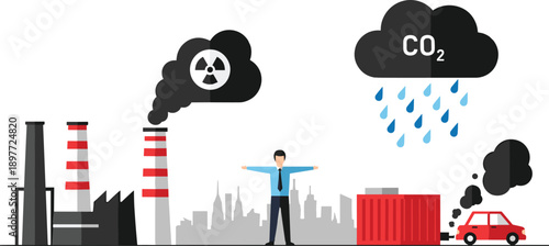 Air pollution and CO2 emissions illustration, industrial smoke, factory chimneys, car exhaust, environmental damage, climate change concept