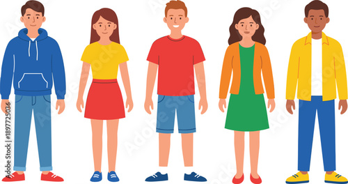 Diverse Group of Young People Wearing Casual Summer Outfits Standing Together, Flat Vector Illustration Isolated on White Background