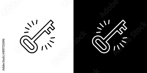 Modern minimalist line art icon of a glowing key, symbolizing security, access, solutions, discovery, and successful unlocking of opportunities or secrets