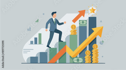 Businessman climbing growth graph success.