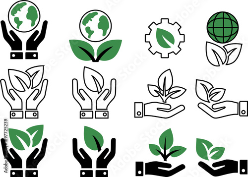 ESG and sustainability icon set hands protecting the earth and plants  symbols of ecology, care, and green technologies. Editable stroke line icons and flat icons.