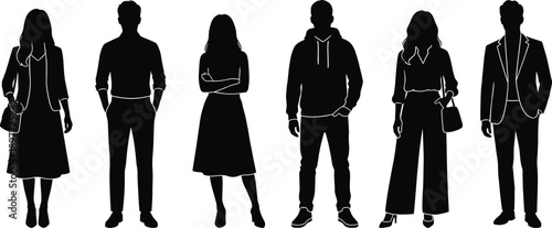 Full length silhouette of diverse business people standing together, wearing professional casual clothing and outfits for corporate office work