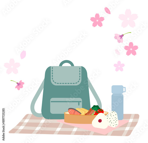 春の遠足セットイラスト（お弁当・リュック・桜）