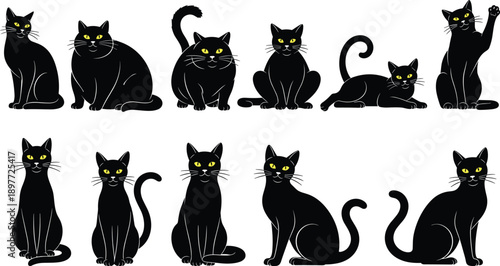 Black cat silhouettes set, different poses collection, cute cartoon feline characters, Halloween pet design, isolated vector illustration bundle