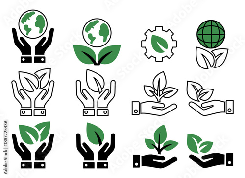 ESG and sustainability icon set hands protecting the earth and plants  symbols of ecology, care, and green technologies. Editable stroke line icons and flat icons.