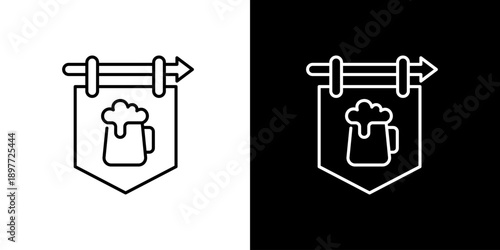Sign of a pub with a beer mug icon on a white and black background