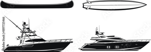 Boat and yacht silhouettes set, canoe, surfboard, fishing vessel, luxury motorboat icons, marine transport vector illustration isolated