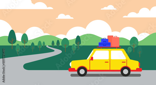 Yellow taxi cab driving on a scenic road with luggage on top.