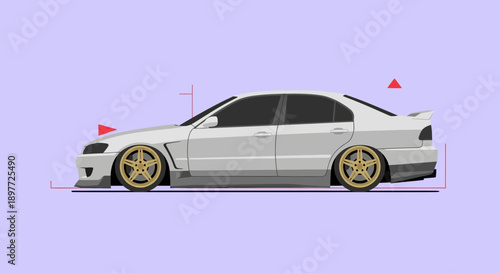 Vector illustration of a white sports car with gold rims on a purple background.