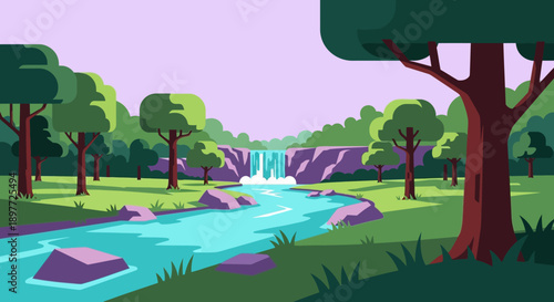 Serene Cartoon Landscape with River and Trees.