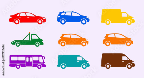 Colorful Set of Various Vehicle Icons.