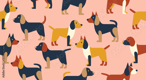 Colorful Beagle Dogs Pattern on Pink Background.