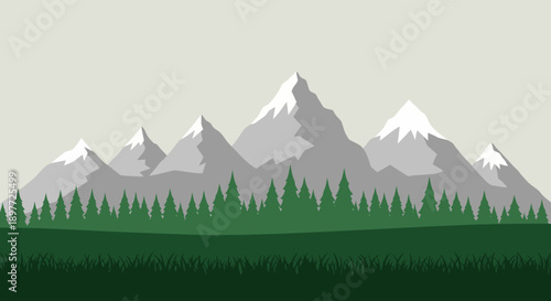 Serene mountain landscape with snow-capped peaks and lush forest.