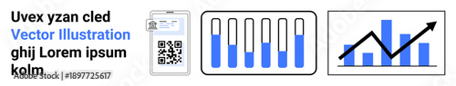 QR code with text, bar graphs showing data levels, and upward trend chart signify growth, progress, and technology. Ideal for analytics, data tracking, finance, marketing technology growth