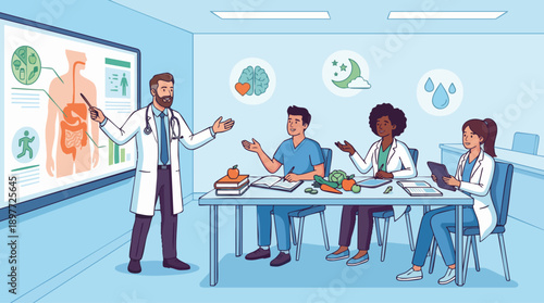 A doctor teaches medical students about human anatomy, nutrition, and holistic health in a classroom setting.