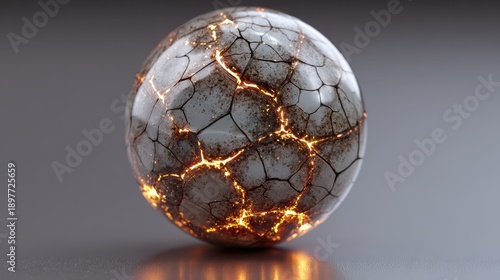 Cracked sphere with glowing molten lines, resembling lava, creating a striking contrast within translucent, fractured surface, resting on a reflective surface