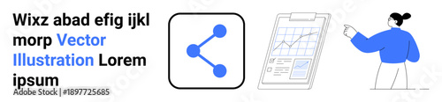 Business analytics, data sharing, collaboration, networking, presentation, project management. A blue network icon, a clipboard with a chart and a person gesturing. Data sharing and business
