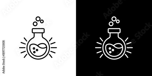 Set of simple icons depicting a flask with bubbles and rays, symbolizing chemistry and scientific research