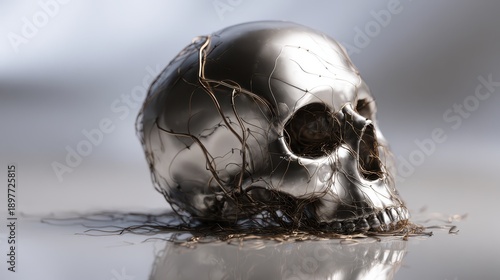Silver metallic skull with intricate vine-like wires wrapped around it, resting on a reflective surface. The atmosphere is eerie and futuristic, combining elements of nature and technology