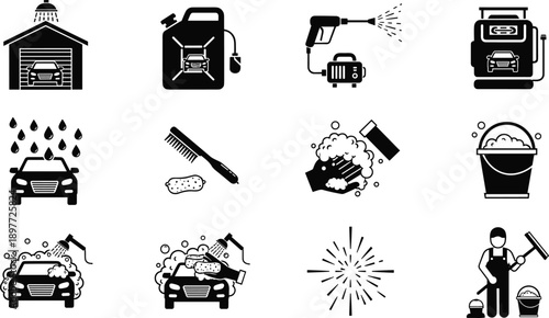 Car wash icons set, auto cleaning service symbols, vehicle washing equipment, foam spray, garage wash vector illustration collection