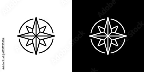 Minimalist vector line art icon of a classic compass rose symbol, representing navigation, direction, and travel, ideal for modern design projects