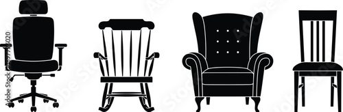 Chair silhouettes collection featuring office chair, rocking chair, armchair, and wooden chair, furniture vector illustration isolated on white