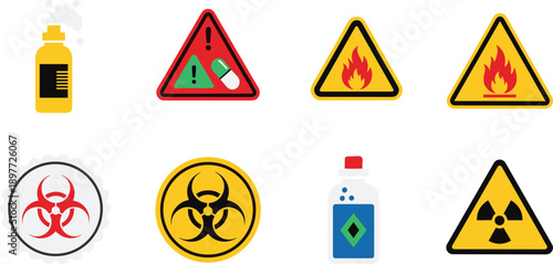 Chemical hazard and biohazard warning icons, flammable symbols, toxic containers, radiation sign, laboratory safety vector illustration set