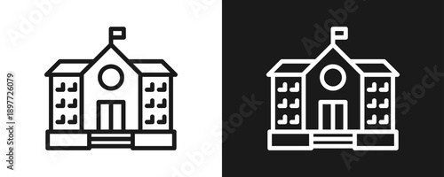 School Building Icon Set Outline In White And Black Background