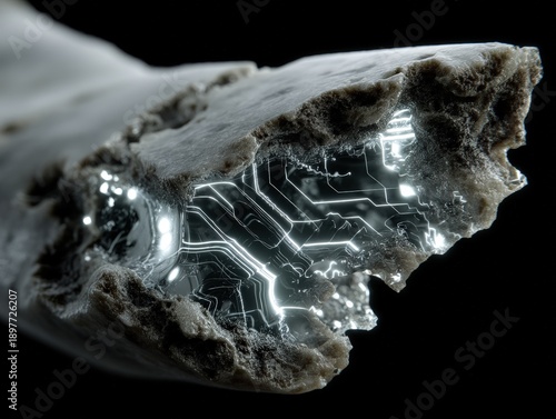 Rock with partially exposed electronic circuit, resembling a geode's interior. Glowing, intricate patterns of circuitry create a futuristic, high-tech contrast with the organic surface