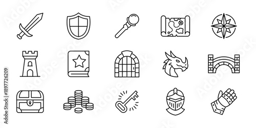 Set of fantasy game icons sword, shield, staff, map, compass, castle, book, cage, dragon, bridge, chest, coins, key, helmet, glove