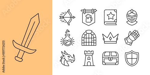 Collection of flat linear fantasy adventure game icons. Set of outline medieval RPG elements for user interface, web, or mobile applications, depicting characters, weapons, and magical items