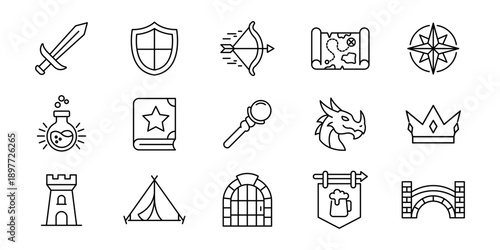 Outline vector icons representing fantasy adventure game elements, including medieval weaponry, mystical objects, and architectural structures perfect for digital games and apps