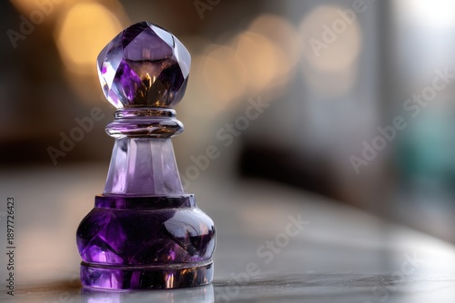 Chess piece made of purple glass in focus on a reflective surface, with warm bokeh lights creating an abstract, blurred background. The piece glows with a soft, elegant light