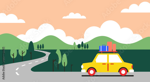 Yellow car driving on a scenic road with luggage on the roof.