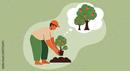 Man planting a tree with a thought bubble showing a mature tree.