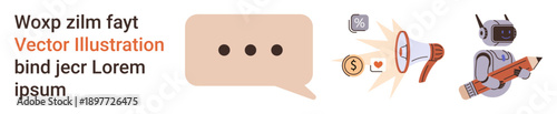 Digital communication, AI support, marketing strategies, e-commerce, customer service, user interaction. Chat bubble, coins megaphone robot with pencil. Communication and AI support concept
