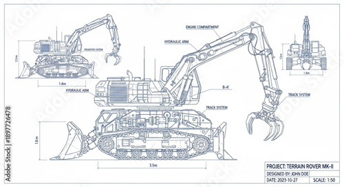 Excavator blueprint technical drawing schematic construction equipment.