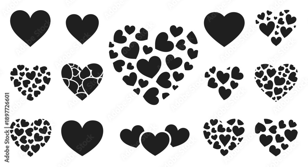 Fototapeta premium Collection of black heart shapes in various designs a striking silhouette