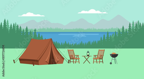 Camping scene with tent, chairs, and barbecue near a serene lake and mountains.
