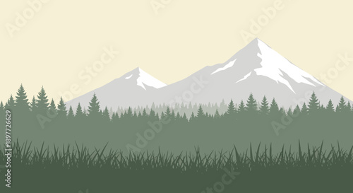 Serene mountain landscape with forest and grassy field.