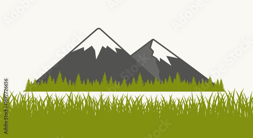 Serene Mountain Landscape with Snowy Peaks and Lush Greenery.