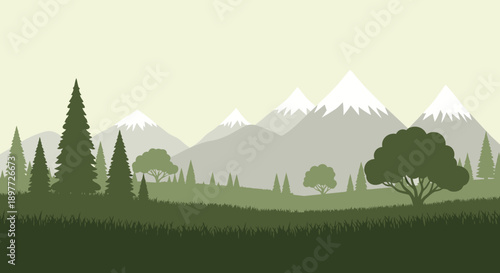 Serene Landscape with Mountains and Trees.