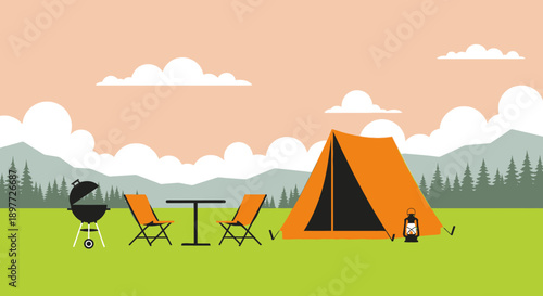 Camping scene with tent and outdoor furniture in a serene landscape.
