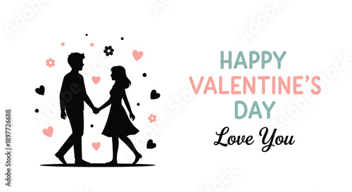 Couple walking hand in hand with hearts a valentine s day greeting silhouette