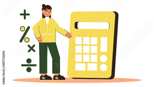 Accountant standing next to a giant calculator with math symbols